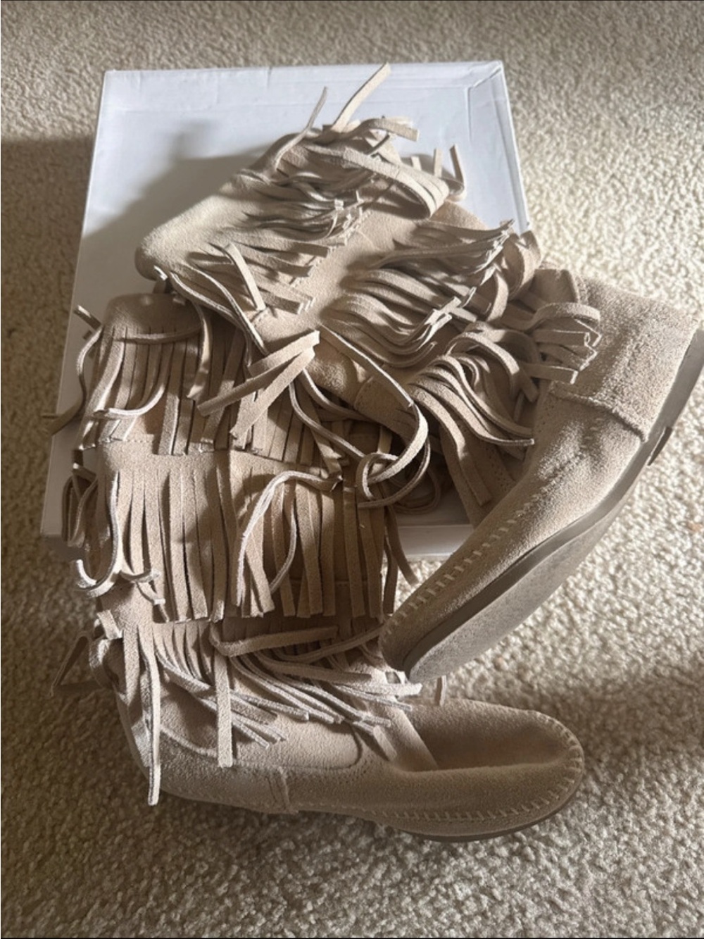 Minnetonka Tan Suede Multi-Fringe Moccasins